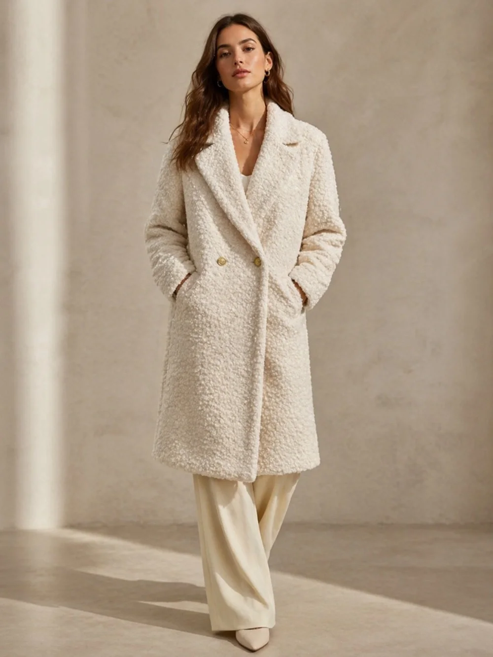 BCBG Max Azria Women’s Cream Lurex Double Breasted Midi Coat Size Small Bouclé